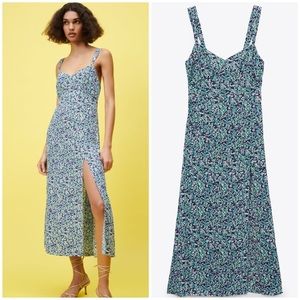 Zara Green Floral Midi Dress with Blue and White Accents
